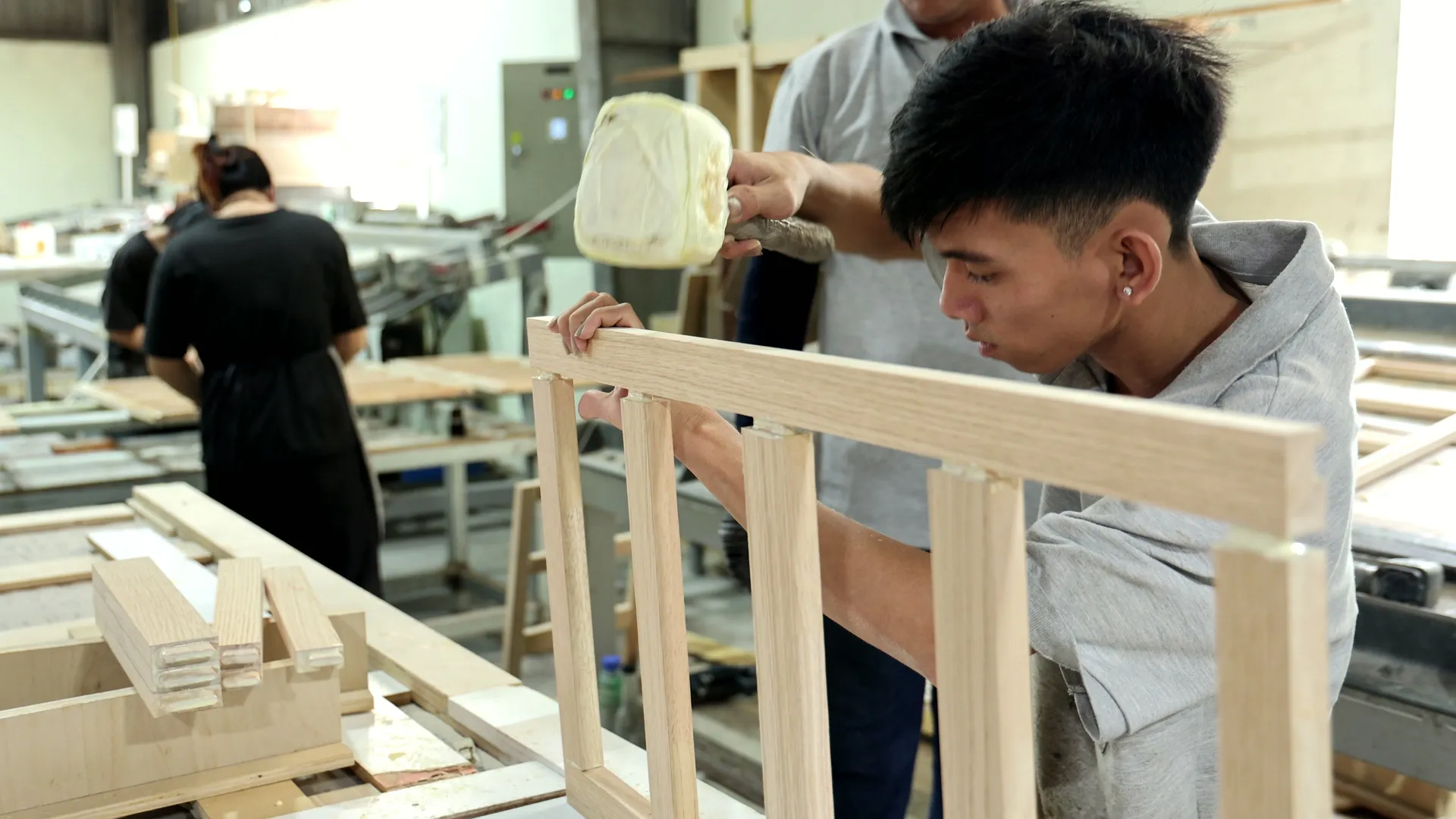 Cabinet boxes being assembled